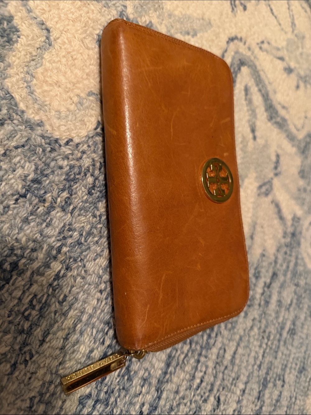 Tory Burch Cognac Leather Zip Wallet with Logo Medallion